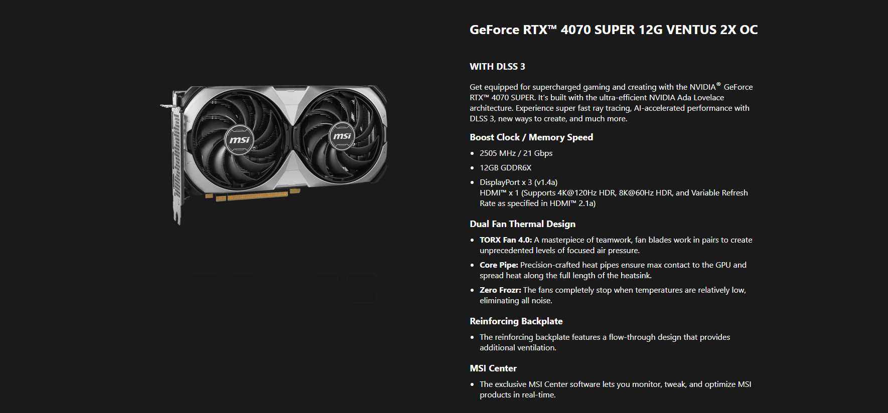 A large marketing image providing additional information about the product MSI GeForce RTX 4070 SUPER Ventus 2X OC 12GB GDDR6X - Black - Additional alt info not provided